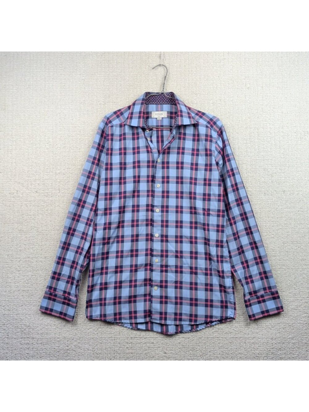 Eton Button Up Long Sleeve Shirt Blue / Pink Plaid Long Sleeve Preppy Men Sz M
